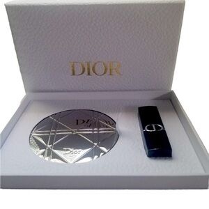 DIOR Silver Cannage Metal Double Sided Mirror and Lipstick Set